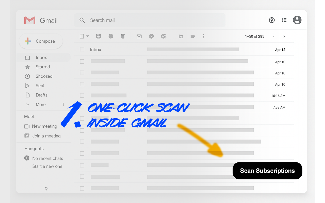 Gmail with Scan Subscriptions button